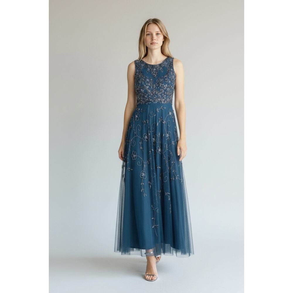 Pisarro Nights Jewel Neck Beaded Mesh Gown Sapphire Size 6 NWOT